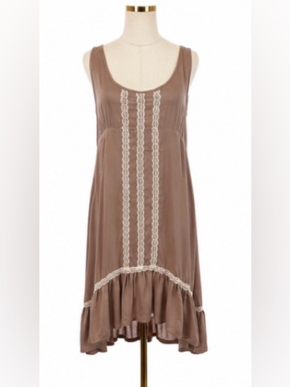 entro Women’s Medium Mocha Taupe Lace Trim High Low Boho Midi Dress